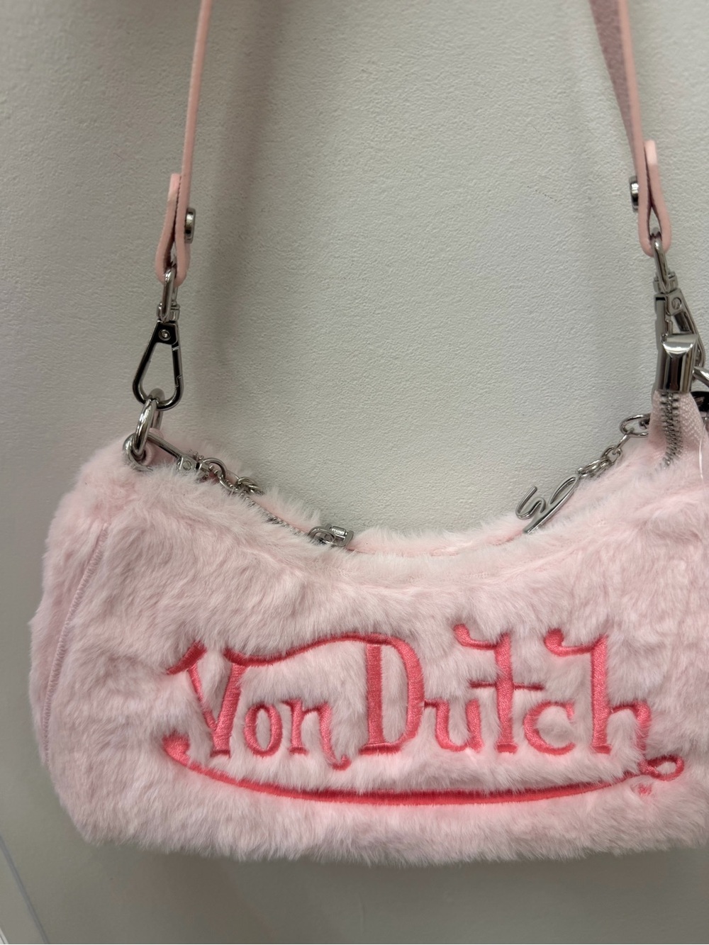 Von Dutch Pale Pink Faux-Fur Shoulder Bag with Embroidered Logo